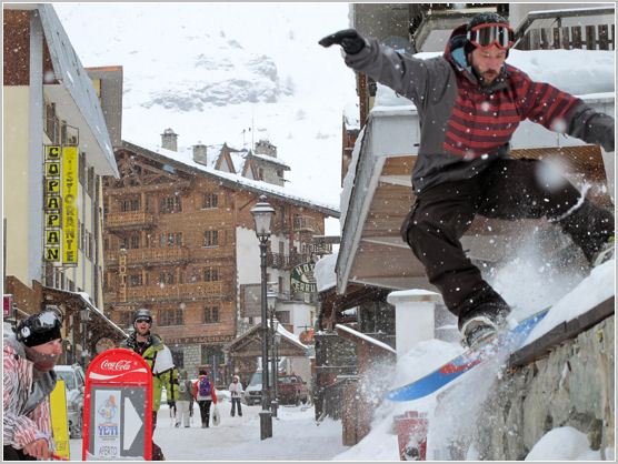Dave showing he still gets stoked by larking about on a snowboard