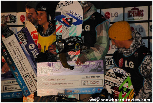 Mr Gimpl brandishes his oversize winners cheque, just a shame it's in worthless stirling